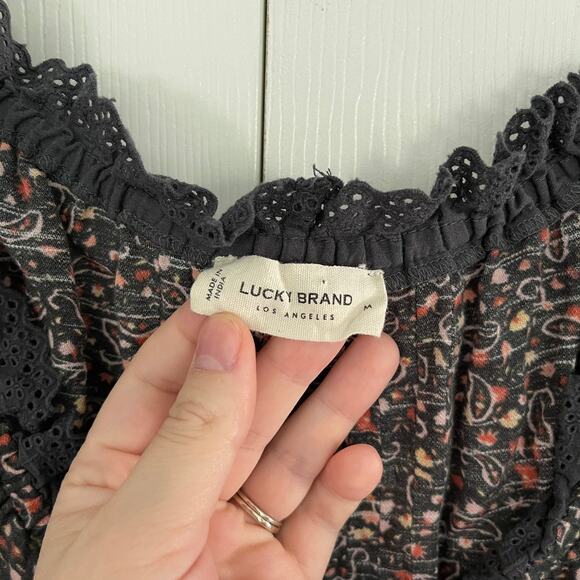 Lucky Brand Printed Button Front Peasant Top in Raven Multi - Picture 5 of 8